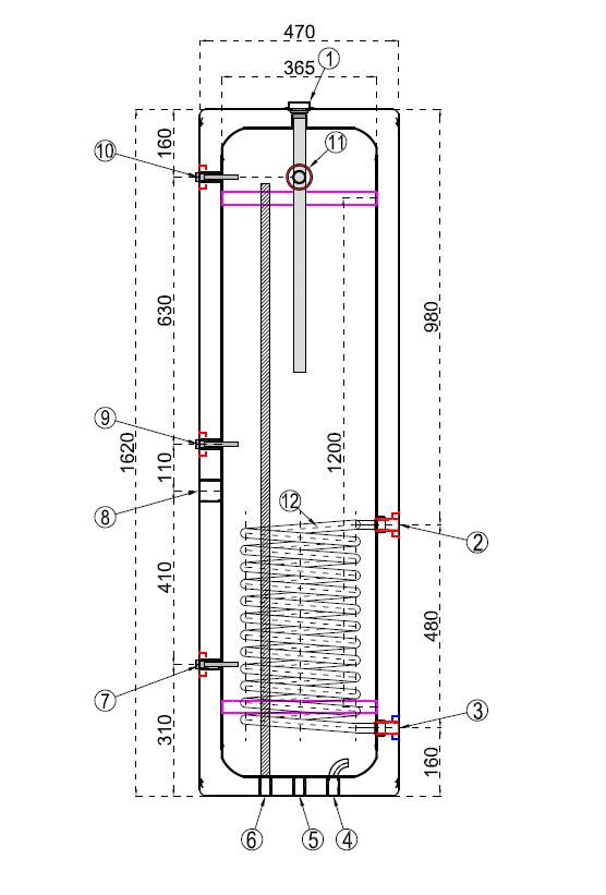 150l-es indirekt tartály egy hőcserélővel műszaki rajz